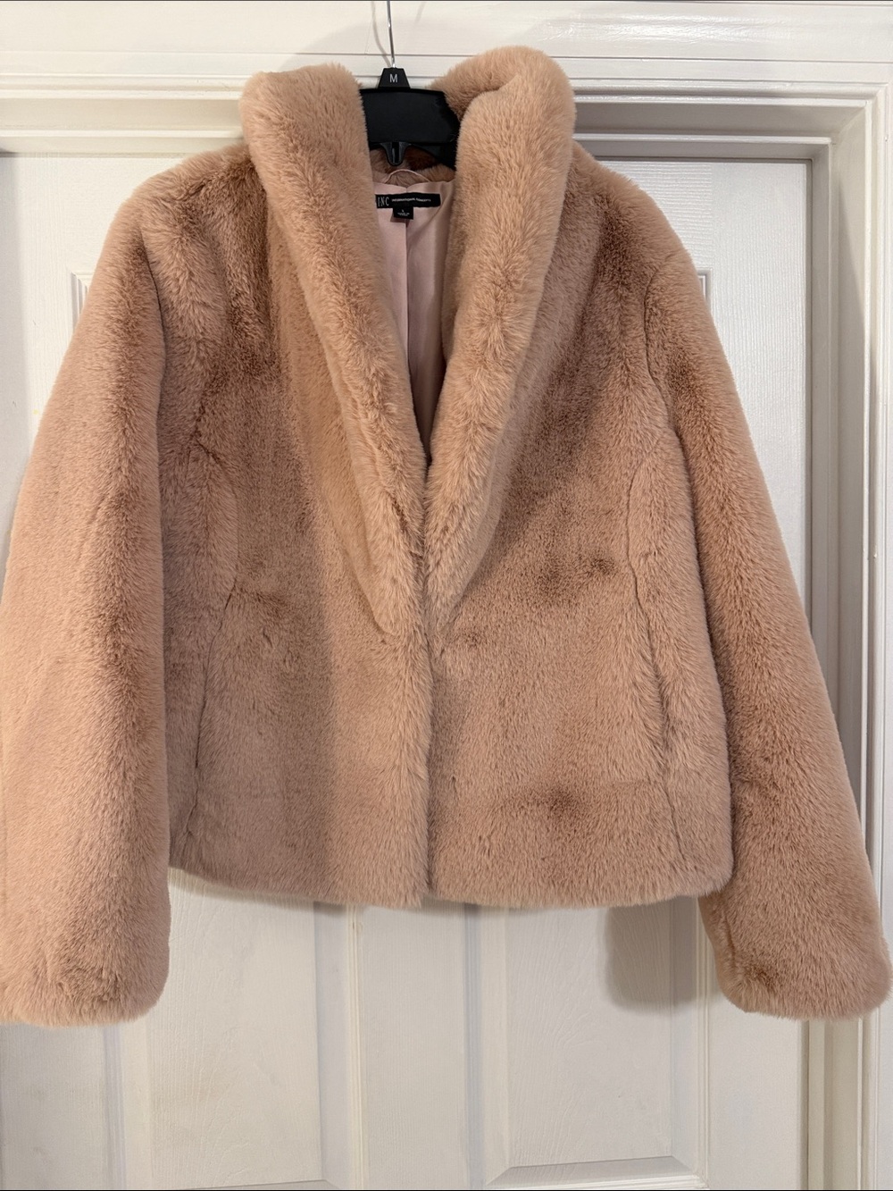 Plush Faux Fur Jacket - Blush Pink.  Middle hook and pockets.